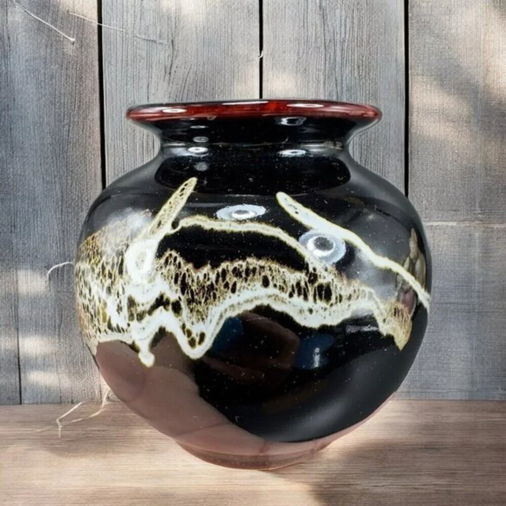 Vintage 1980s Speckled Drip Glaze‎ Pottery Round Bottom Vase Vessel Marked VTG